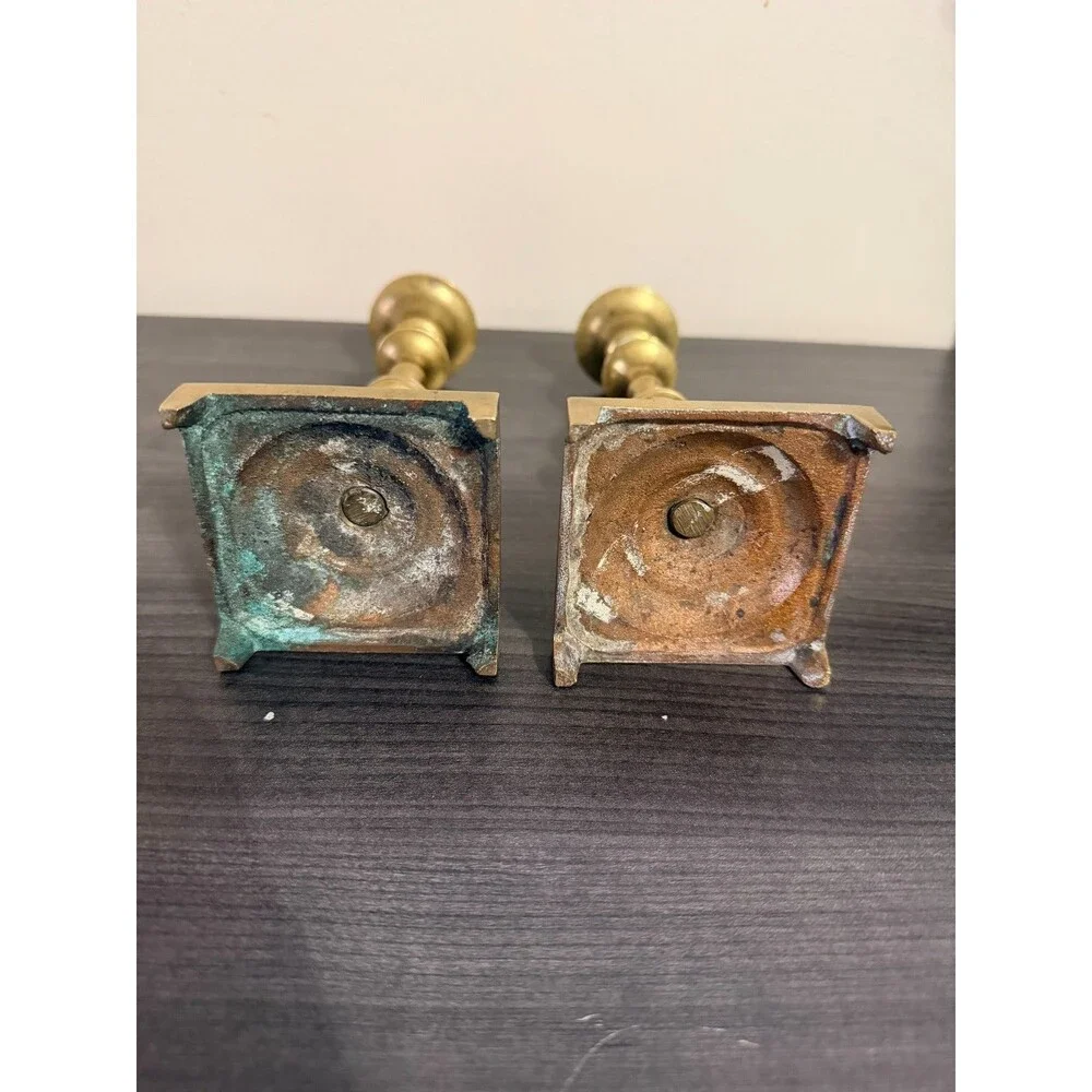 Brass Tone Taper Candle Holders Pair 7.5 Inch Square Footed Base Candlesticks